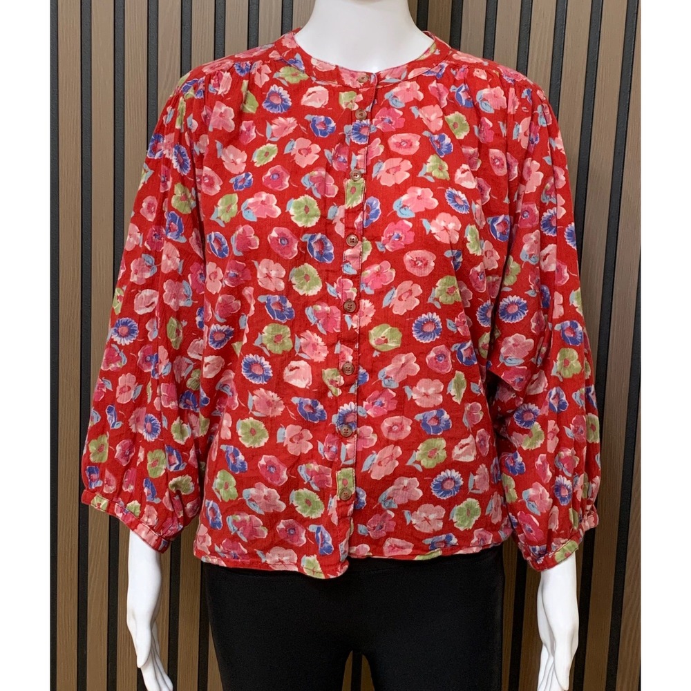 Antrhoplogie Pilcro and the Letterpress Red Floral 100% Cotton Button Blouse L